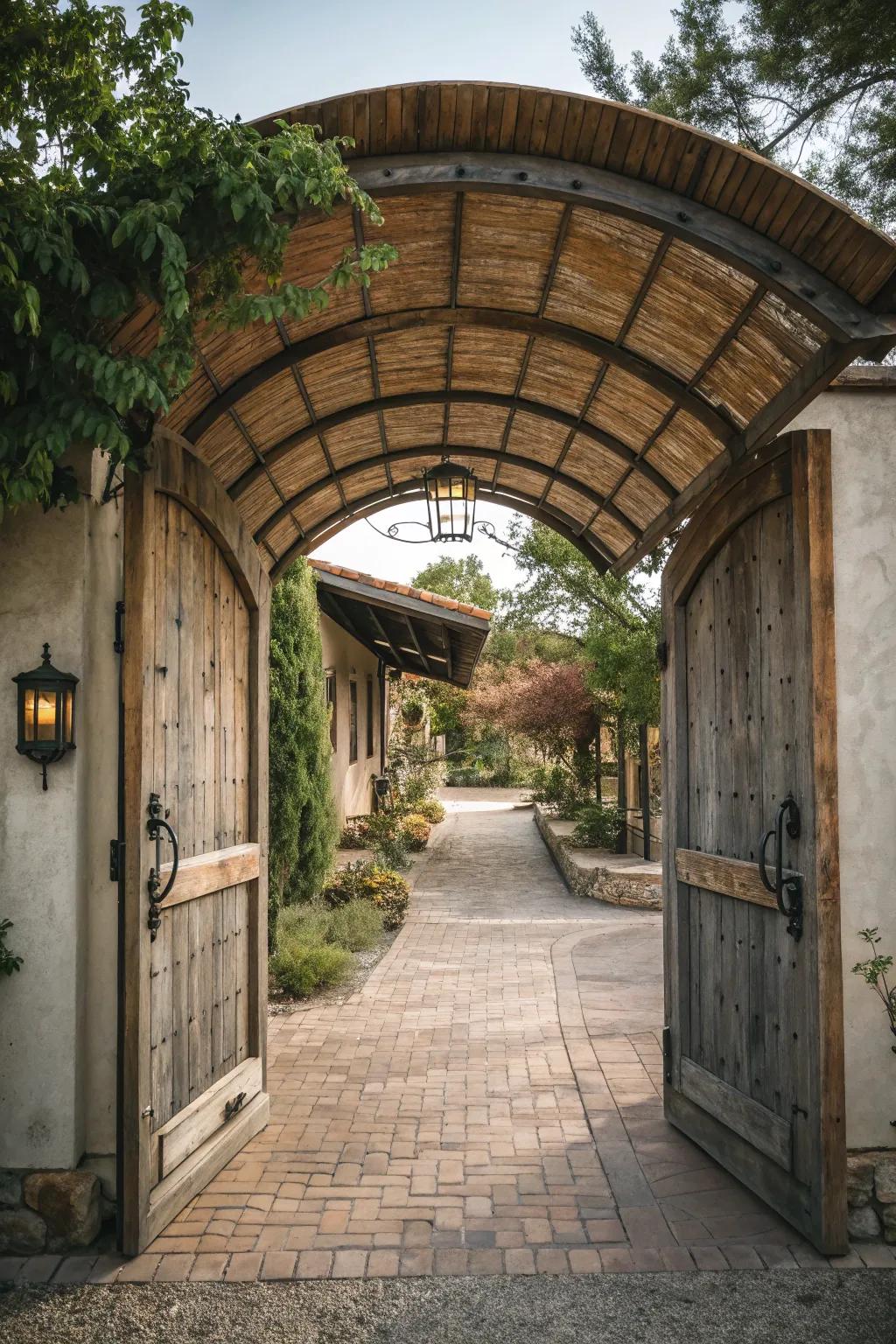 Arched wooden awnings bring a warm, classic touch.