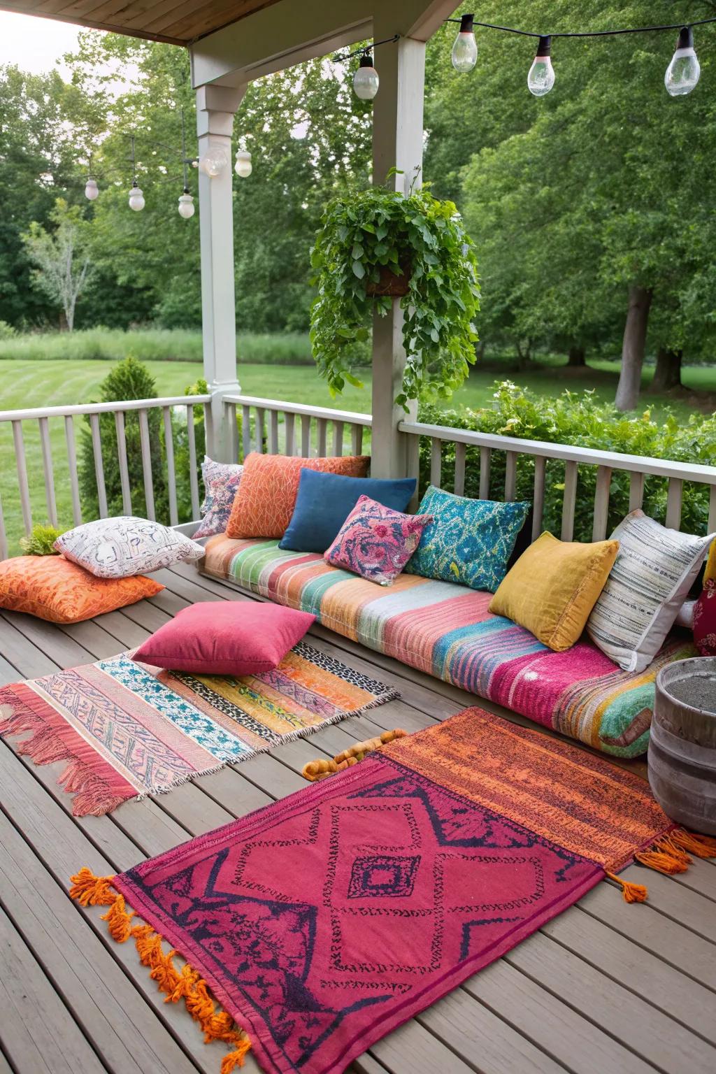 Rugs and pillows add comfort and color to your outdoor space.