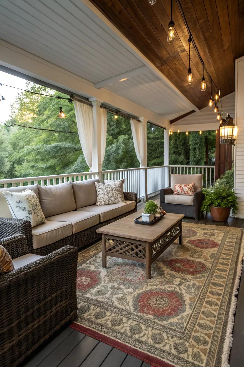 A back porch styled with indoor comforts for a cozy atmosphere.