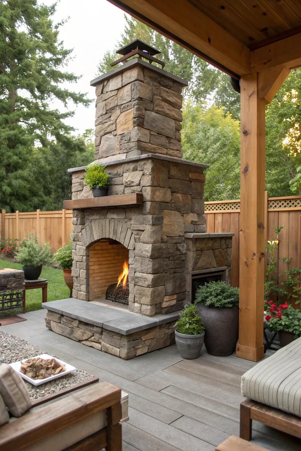 An eco-friendly fireplace design using sustainable materials.