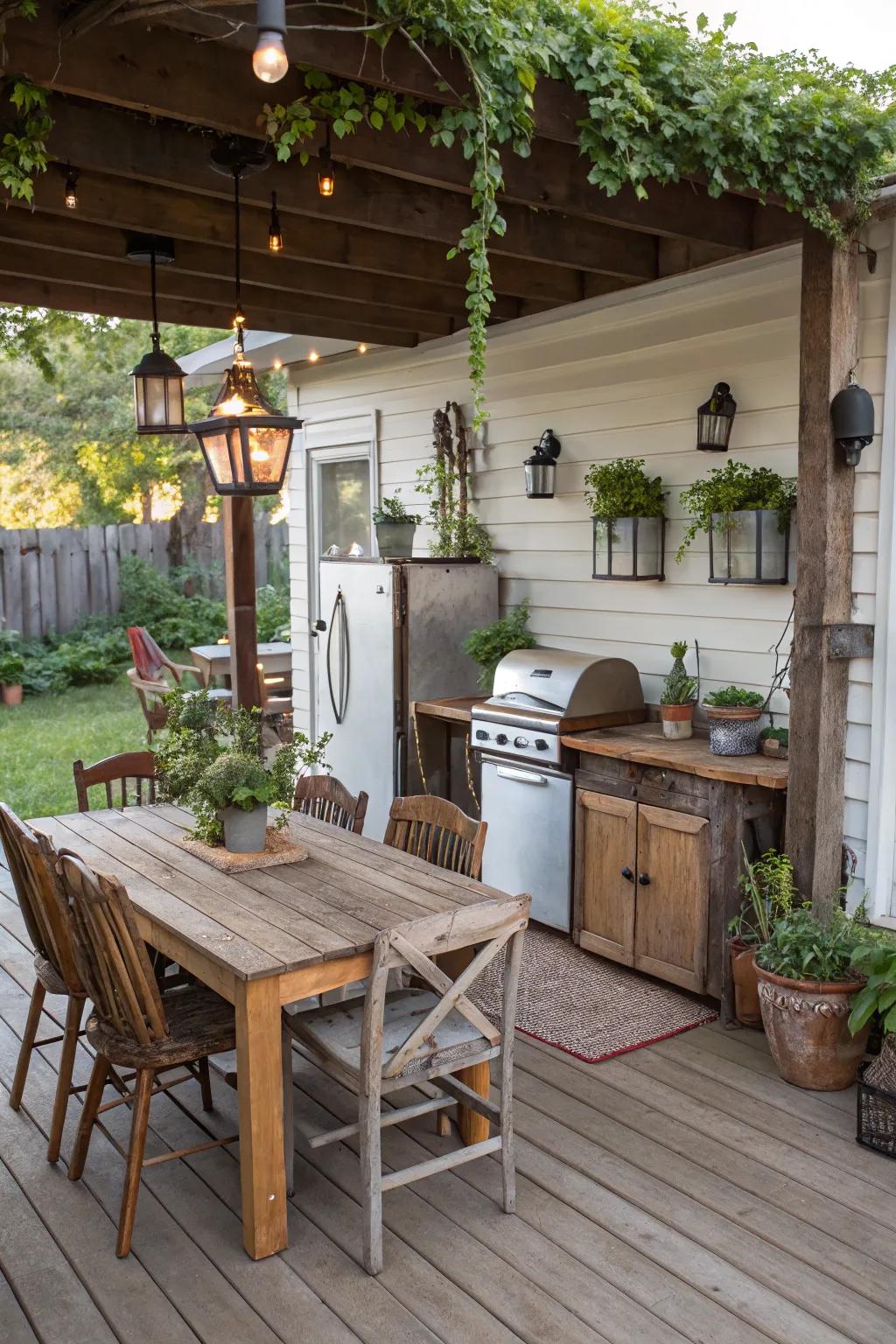 Rustic wood finishes bring warmth and charm to your outdoor kitchen.