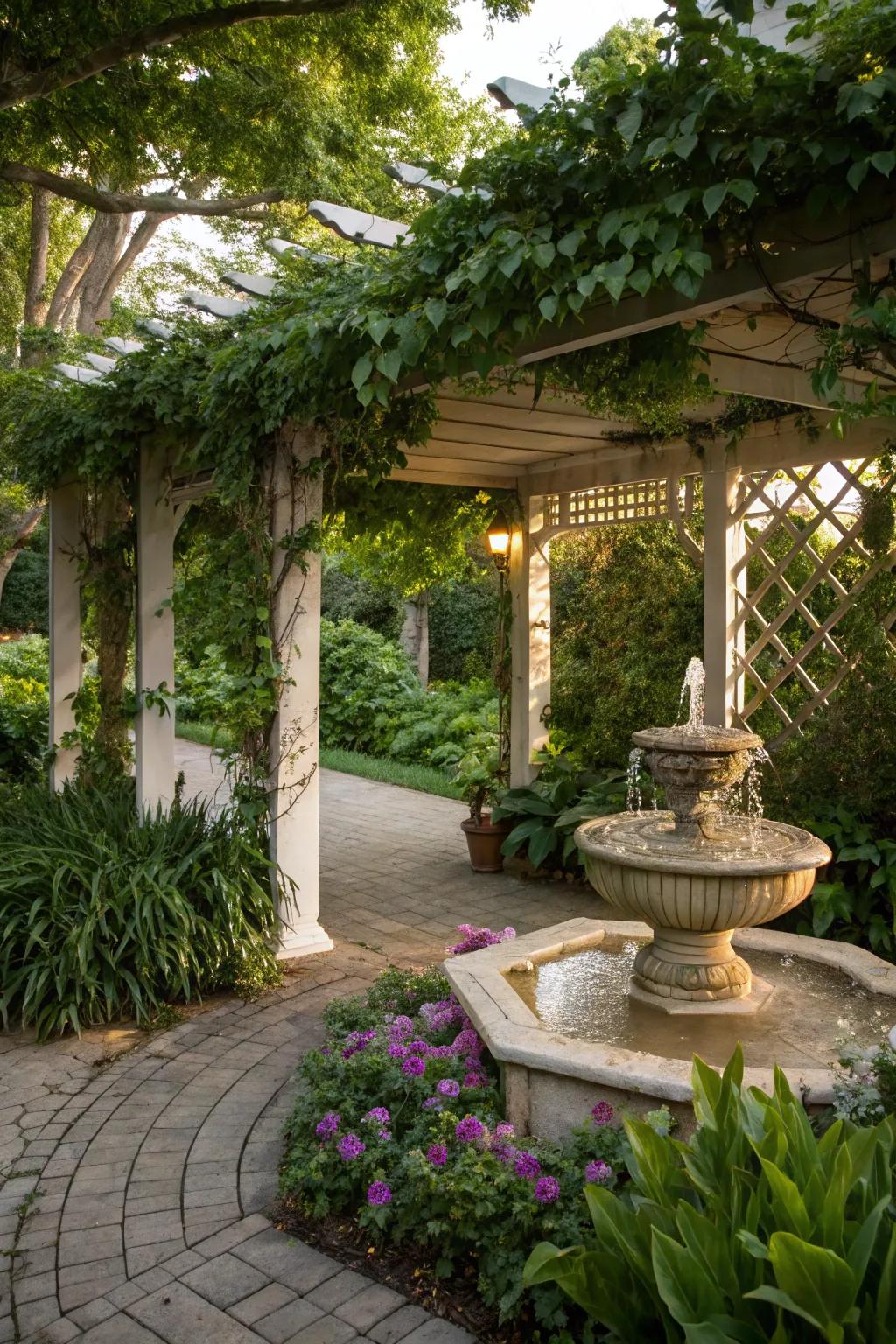 A peaceful pergola enhanced by a calming water feature.