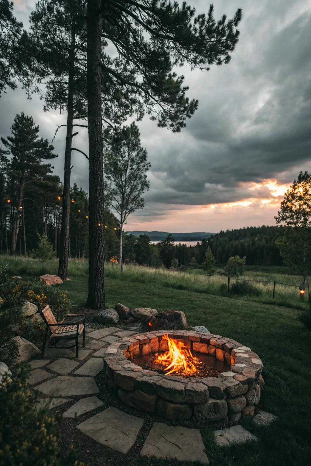 A natural stone fire ring brings rustic appeal to outdoor spaces.