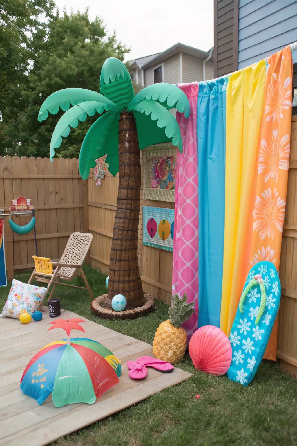 Backyard photo booth setup with beach props and a colorful backdrop.