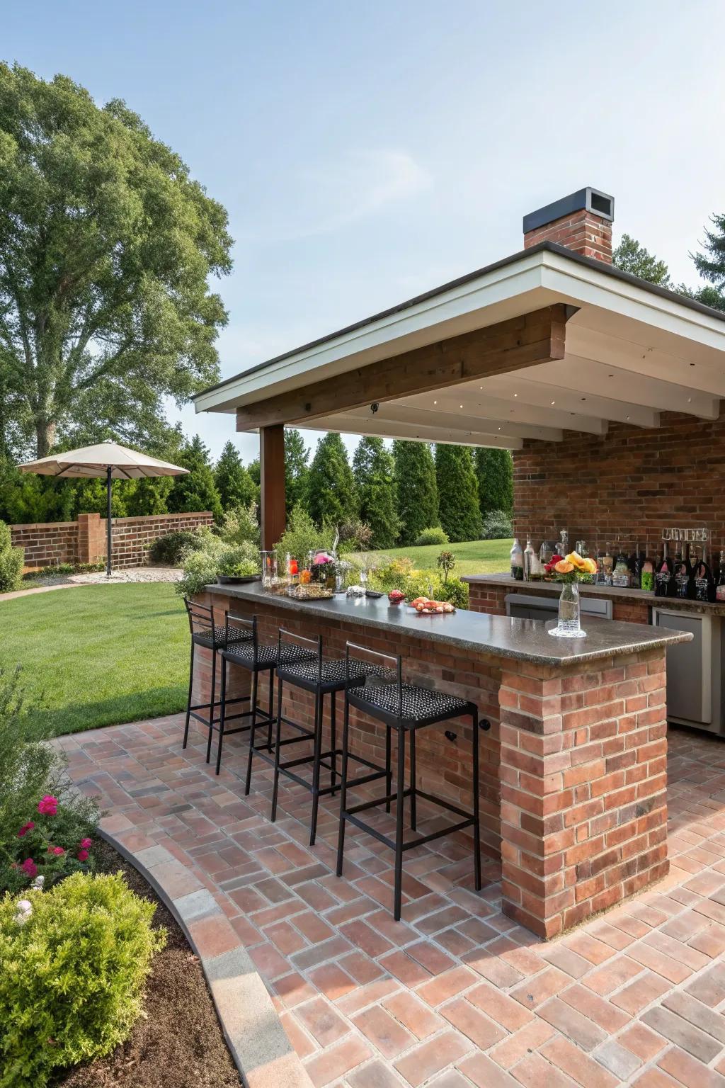 A brick bar adds a lively focal point for gatherings.