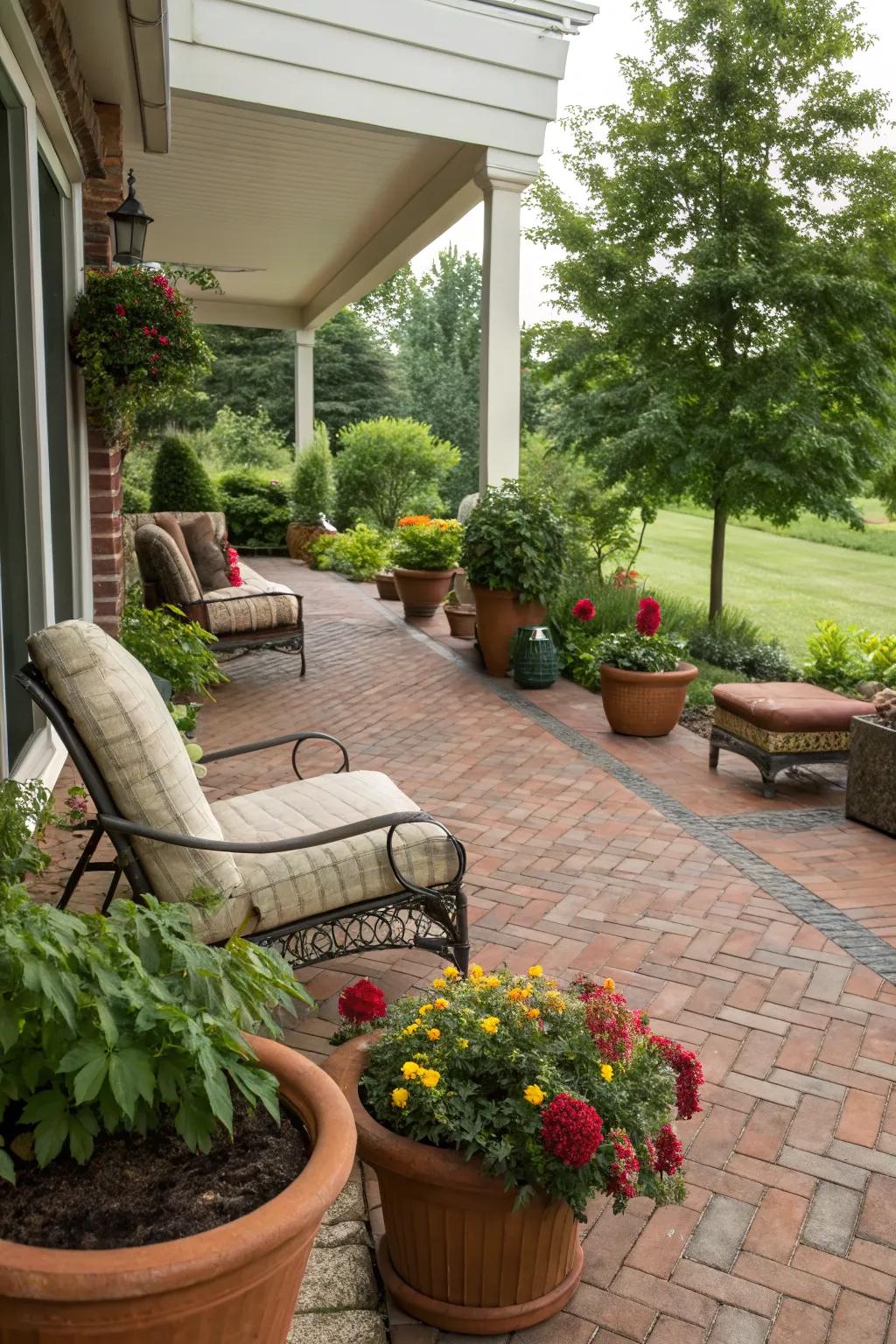Potted plants transform a brick patio into a gardener's paradise.