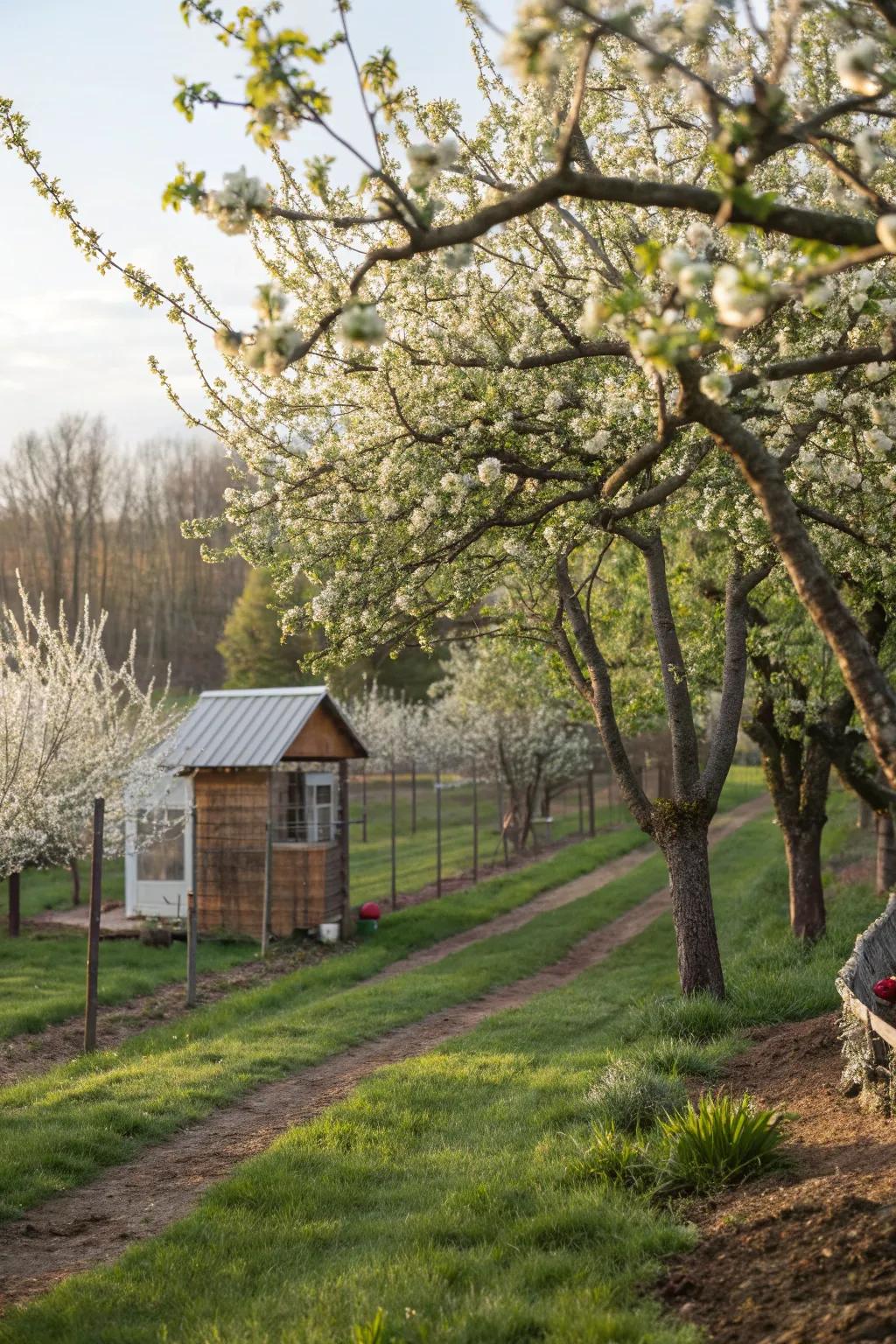 A small orchard provides shade and treats for the chickens.