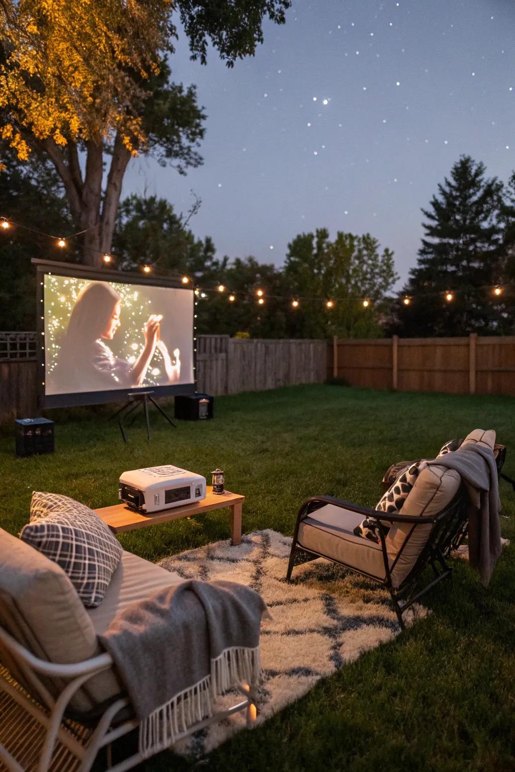 An outdoor cinema setup turns your backyard into a magical movie spot.