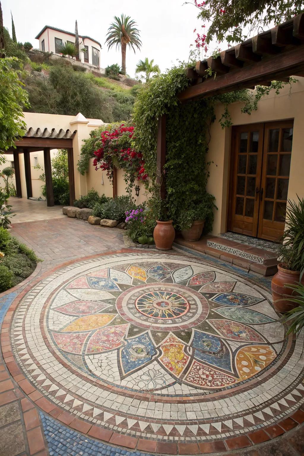 A captivating mosaic floor adding vibrancy to a circular patio.