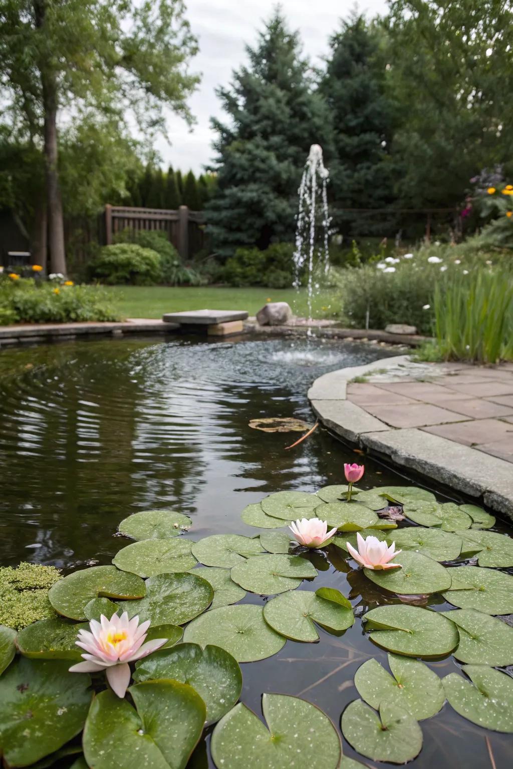 A peaceful water feature with a small pond and fountain.