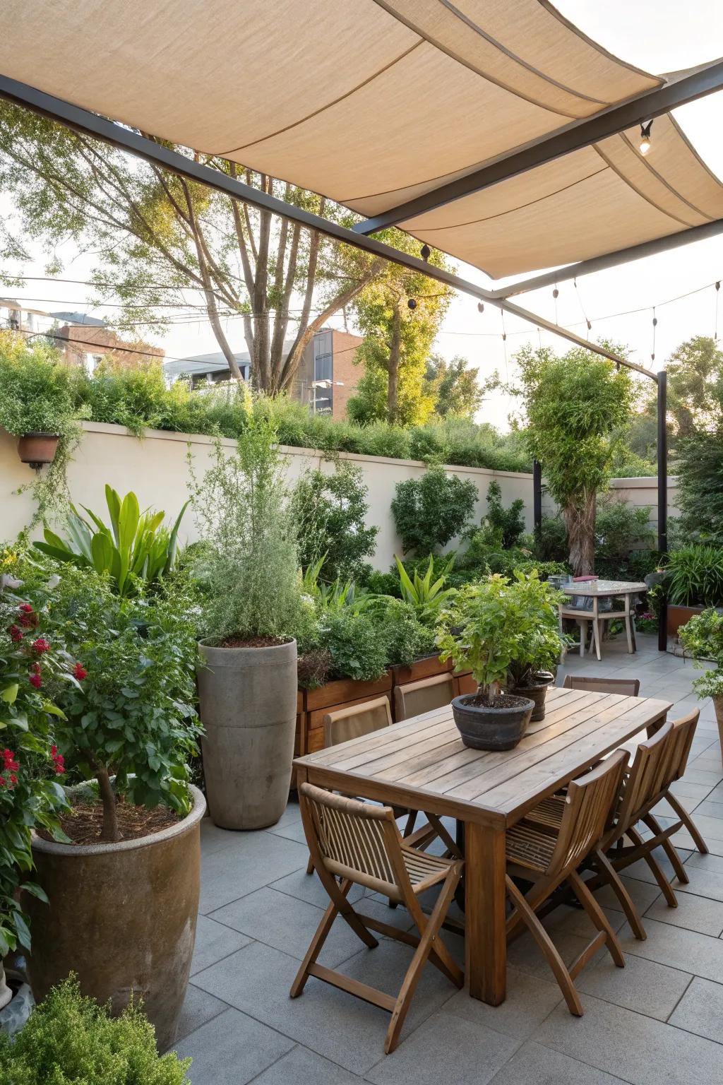 Planters of different sizes add depth and natural beauty to your dining area.