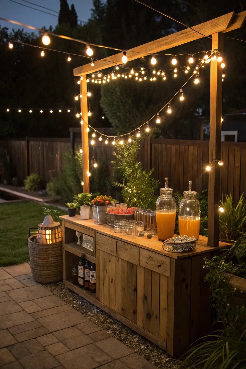 String lights add a warm and cozy ambiance to the drink station.