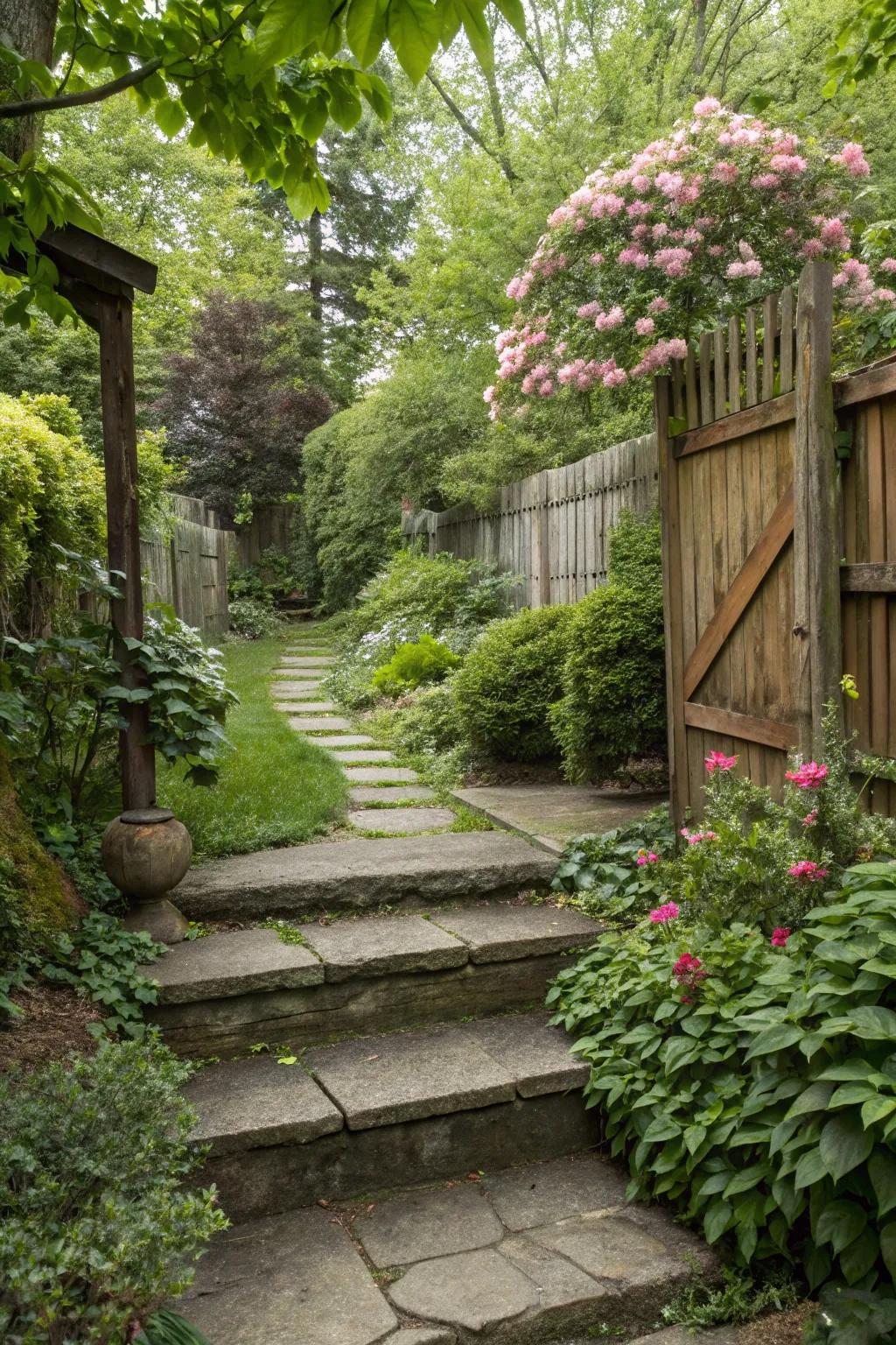 Stone steps leading to a backyard entrance surrounded by a lush garden.