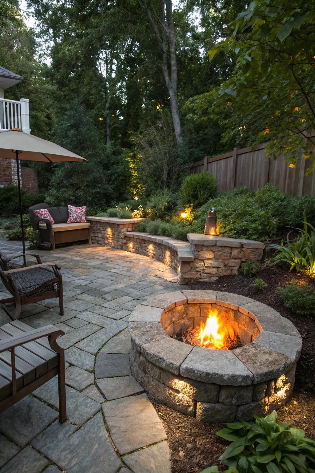 A stone seating wall makes your fire pit area more inviting.