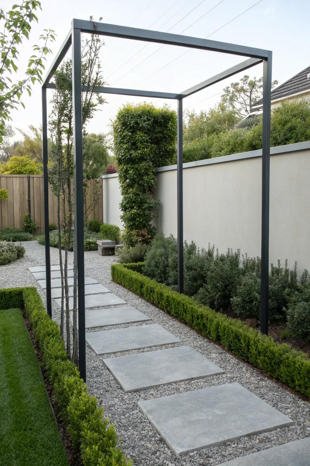 Minimalist steel arches bring a modern touch to gardens.