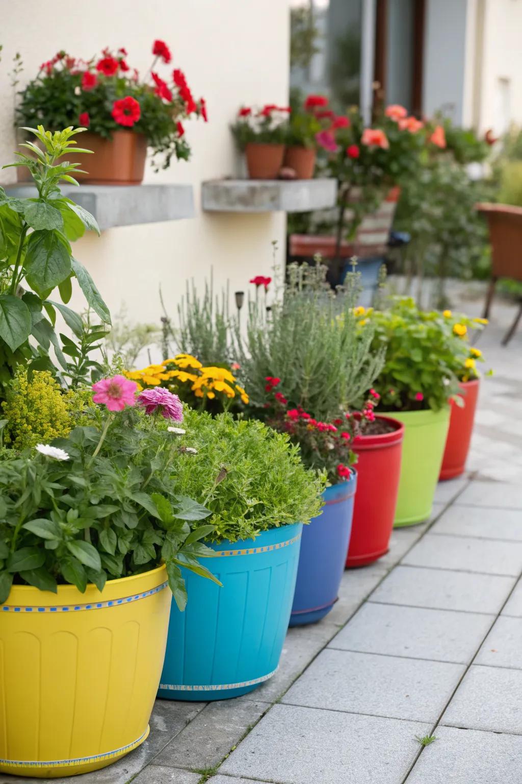 A vibrant container garden on a patio.