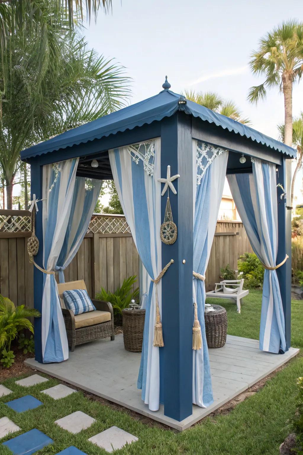 A coastal theme transforms this gazebo into a seaside escape.
