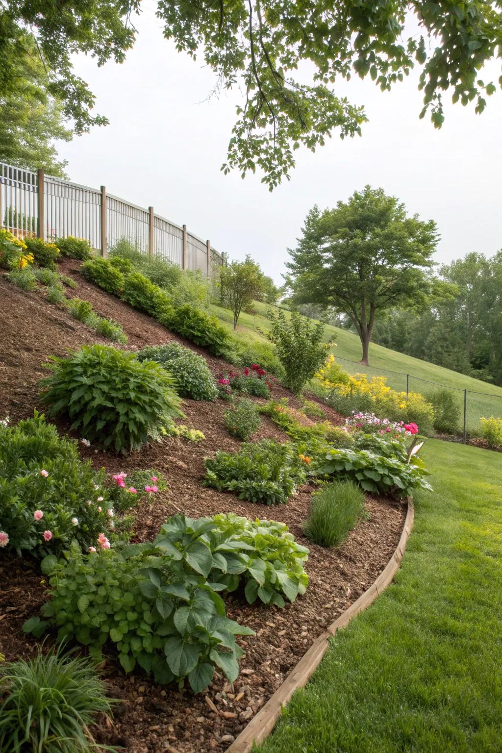 Mulch helps maintain soil moisture and prevents erosion on slopes.