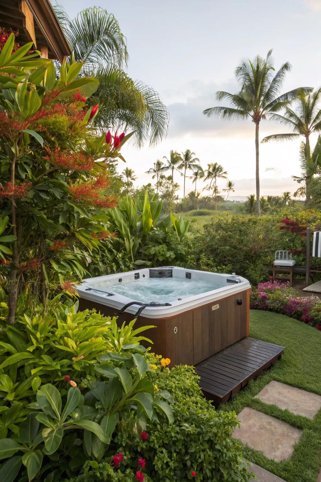 Tropical plants create an exotic retreat around the backyard hot tub.