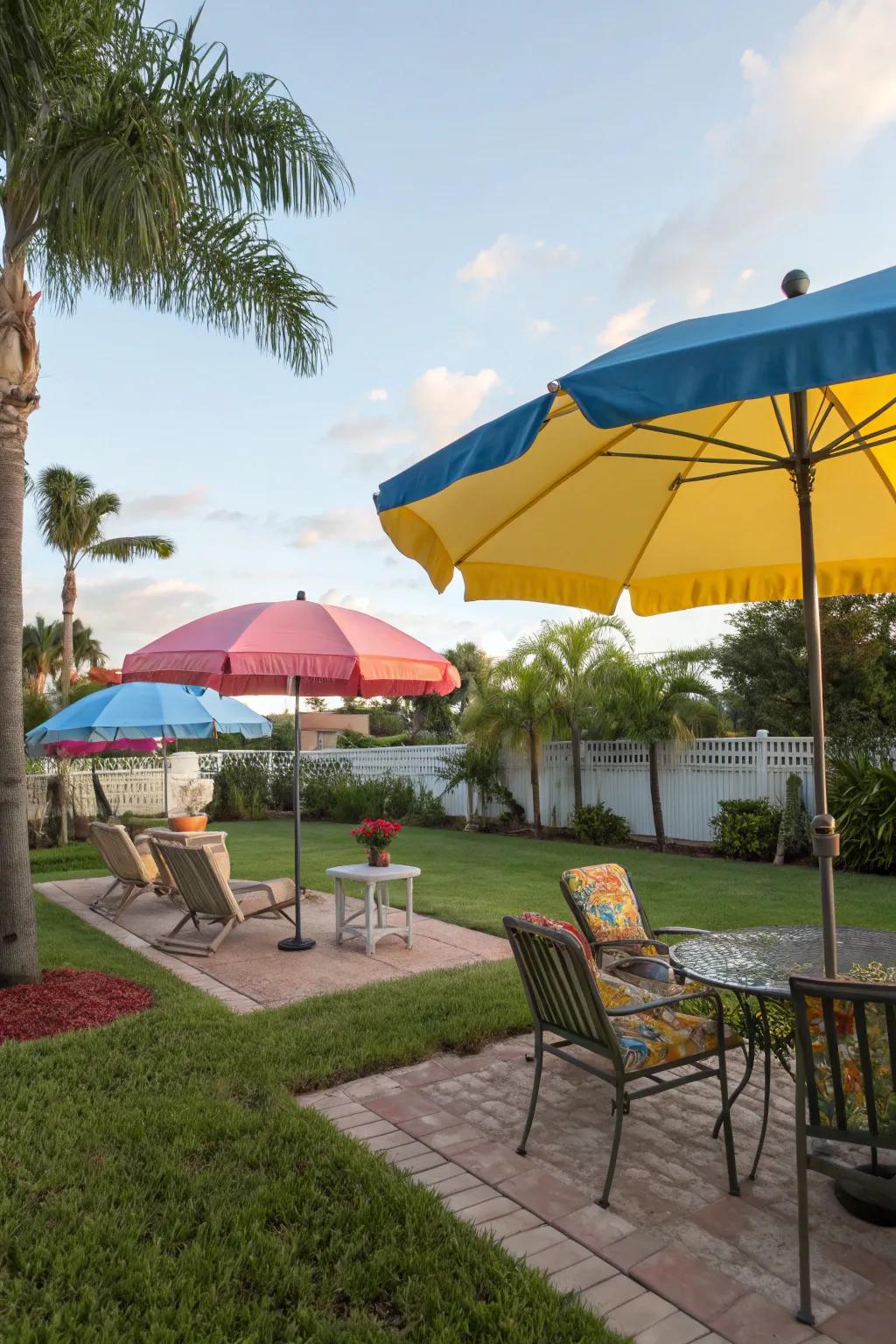 Colorful umbrellas providing shade in a Florida backyard.