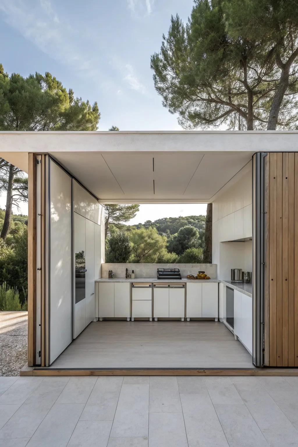 A sleek, minimalist outdoor kitchen with folding panels for a clean appearance.