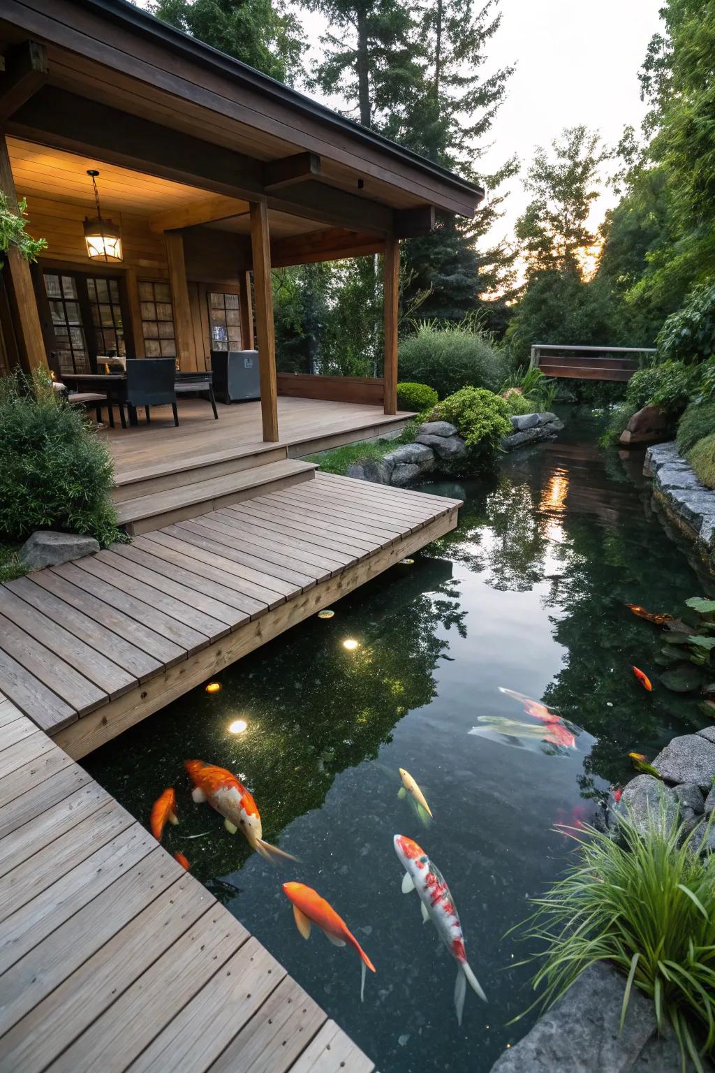 A deck over the pond creates a unique space for social gatherings.