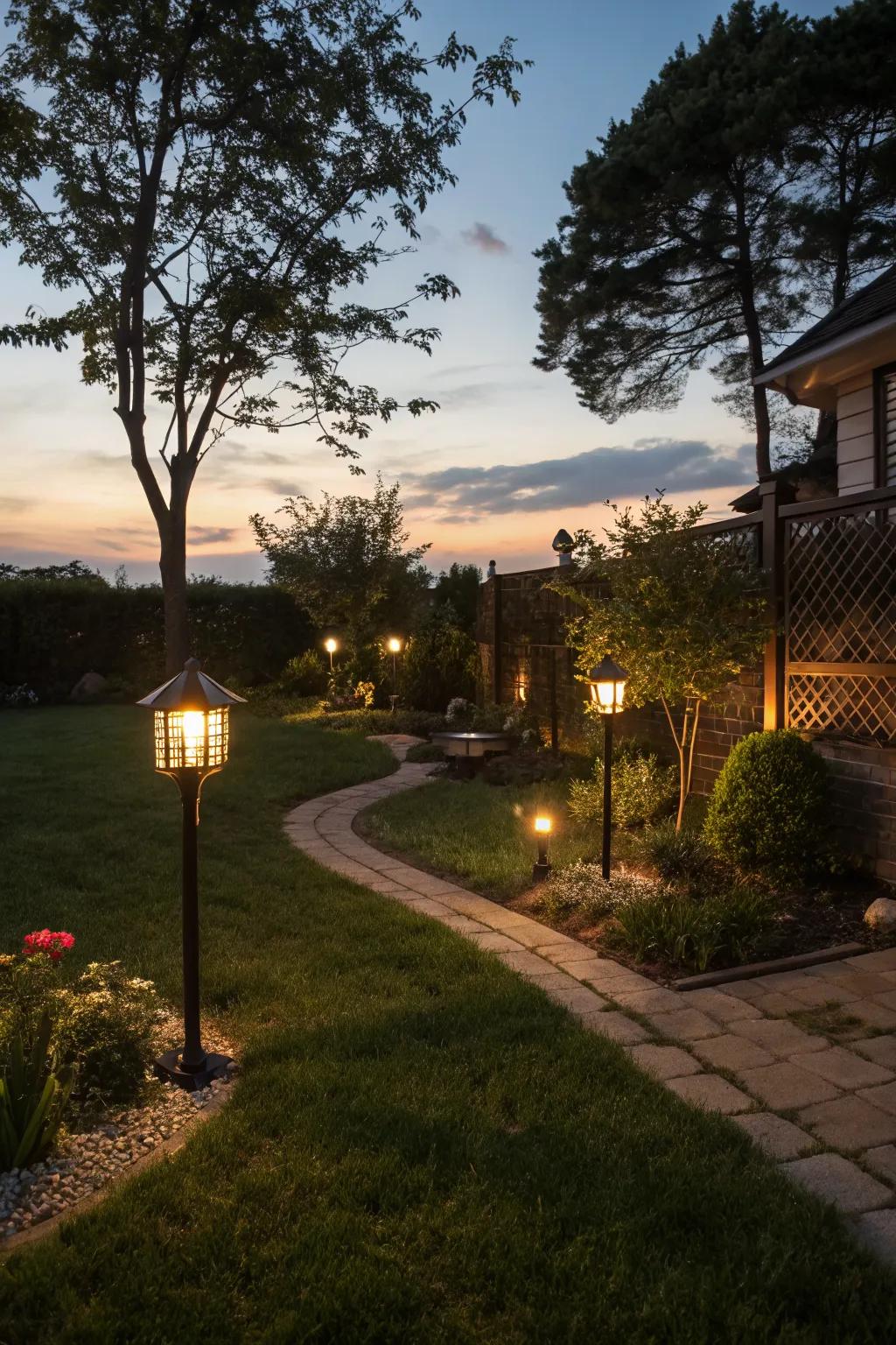 Elegant garden lamps lighting up a backyard.