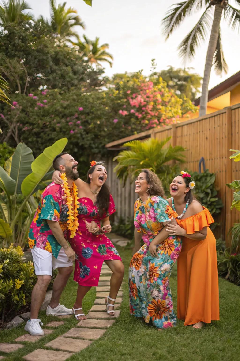 Tropical attire enhances the festive luau atmosphere.