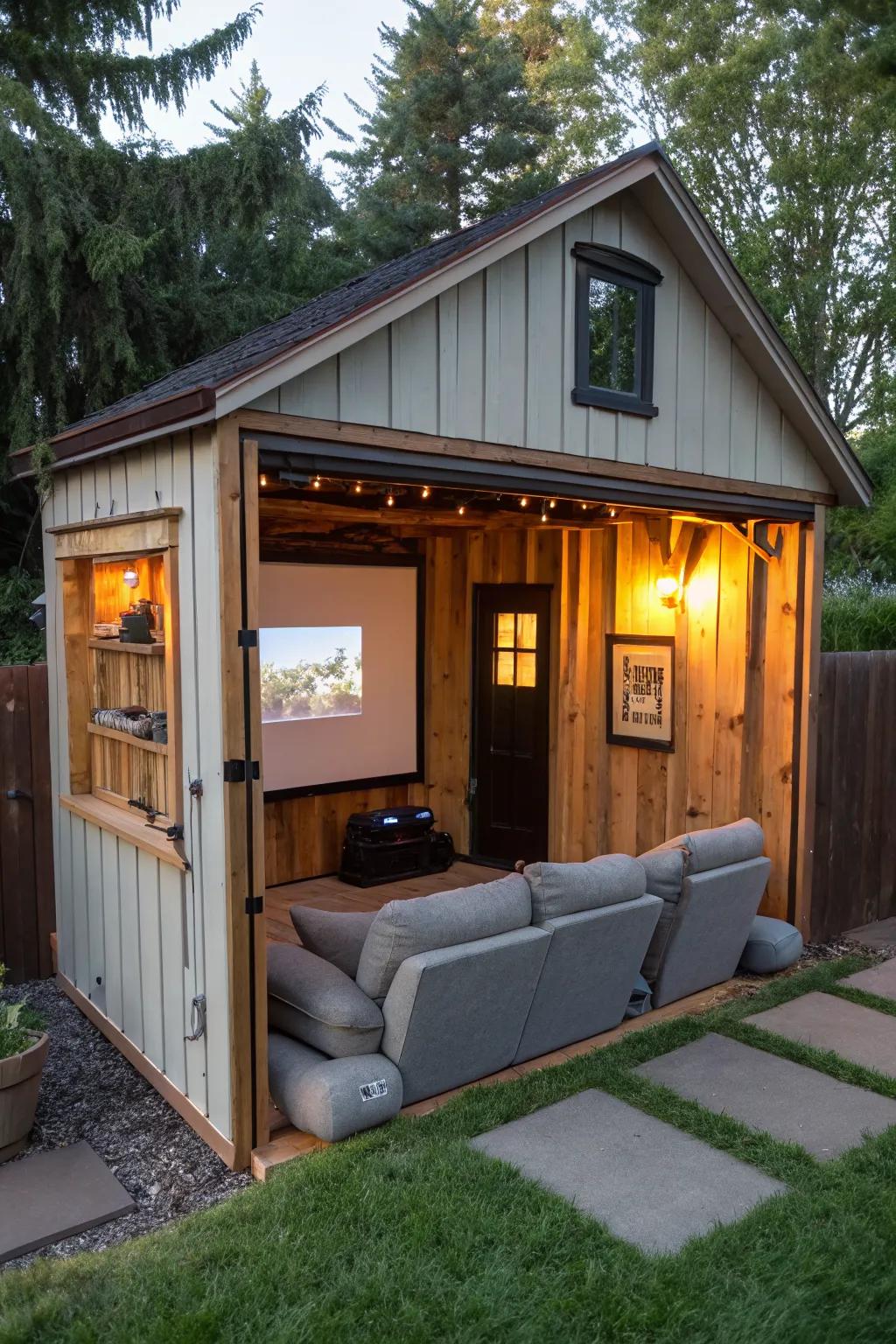 Enjoy blockbusters in a mini movie theater shed.