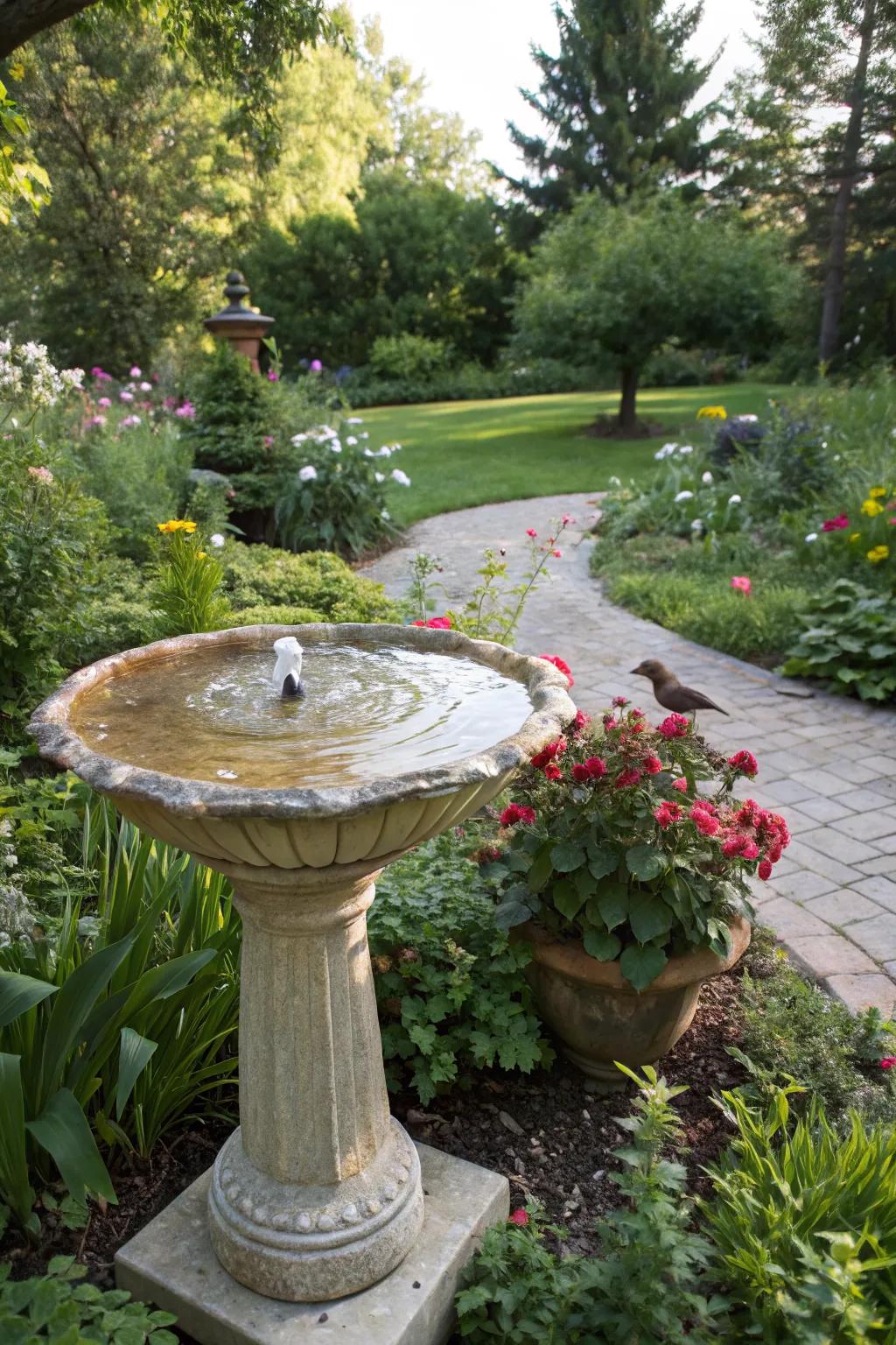 A birdbath attracts wildlife, adding life and vibrancy to the garden.