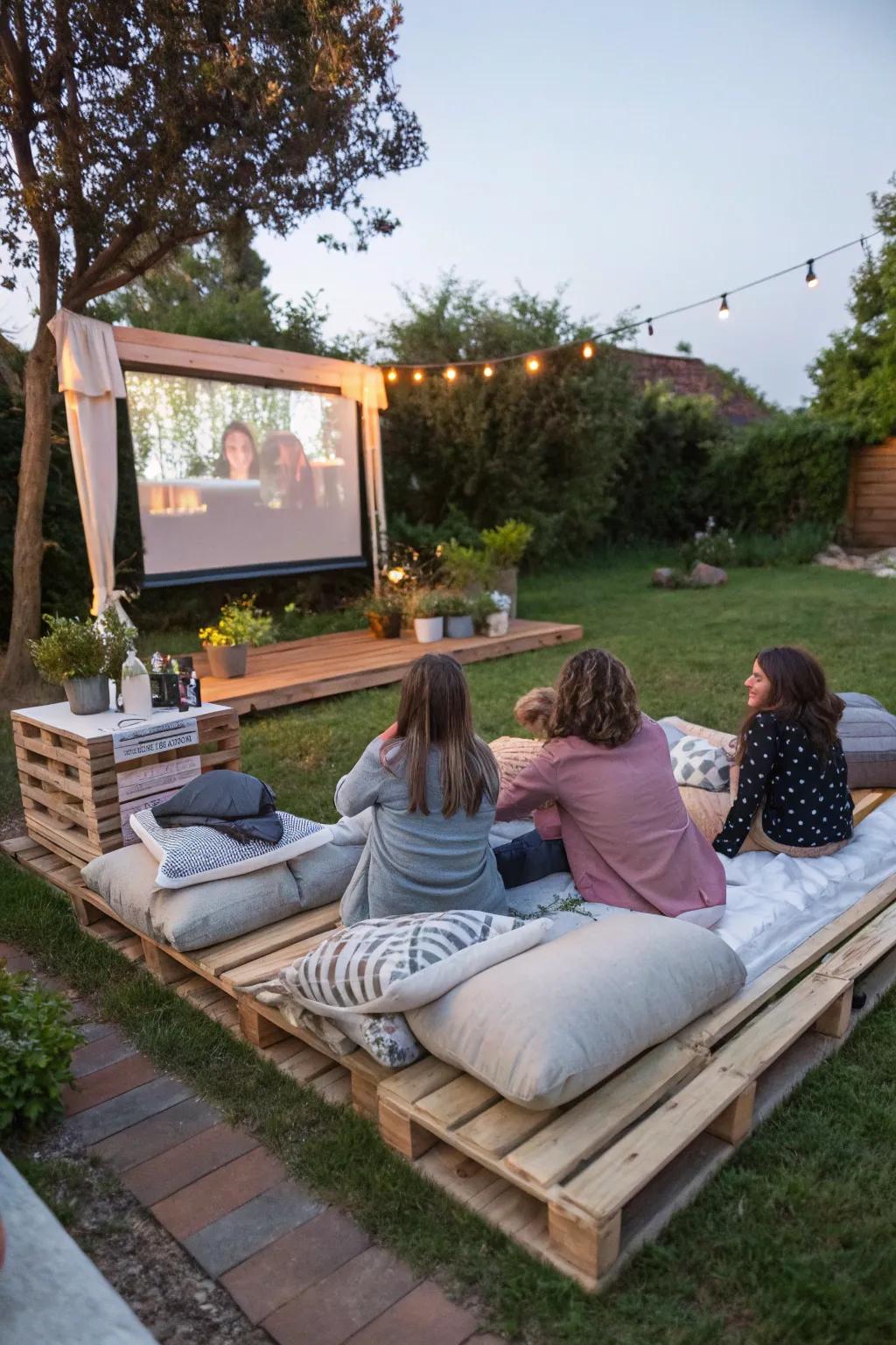 Pallet seating offers a rustic and comfortable feel for your theater.