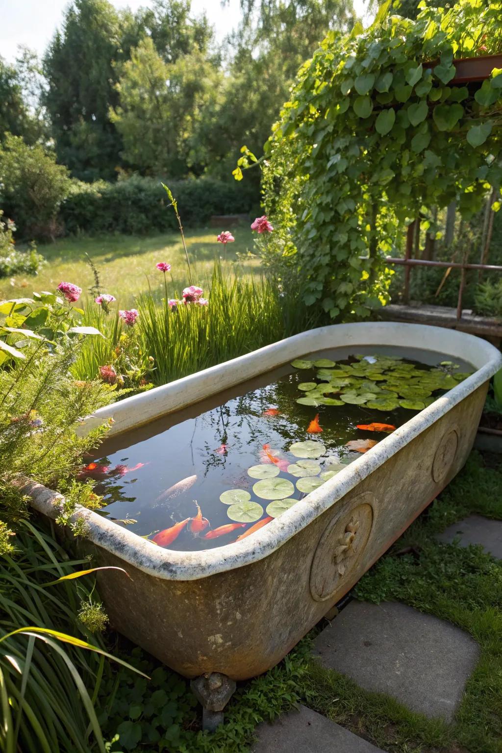 An enchanted pond using a vintage bathtub.