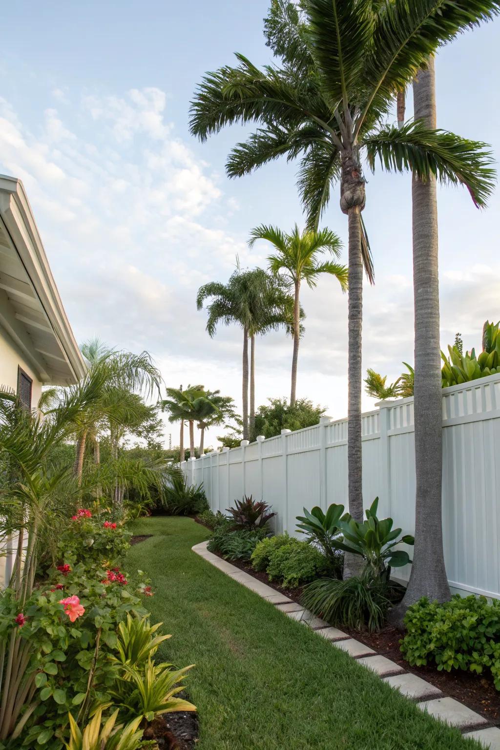 Tall palms add vertical interest, making small spaces feel larger.