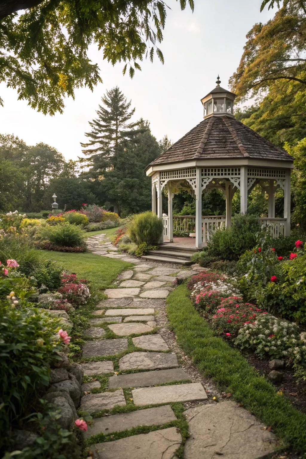 A gazebo beautifully connected by stone pathways.