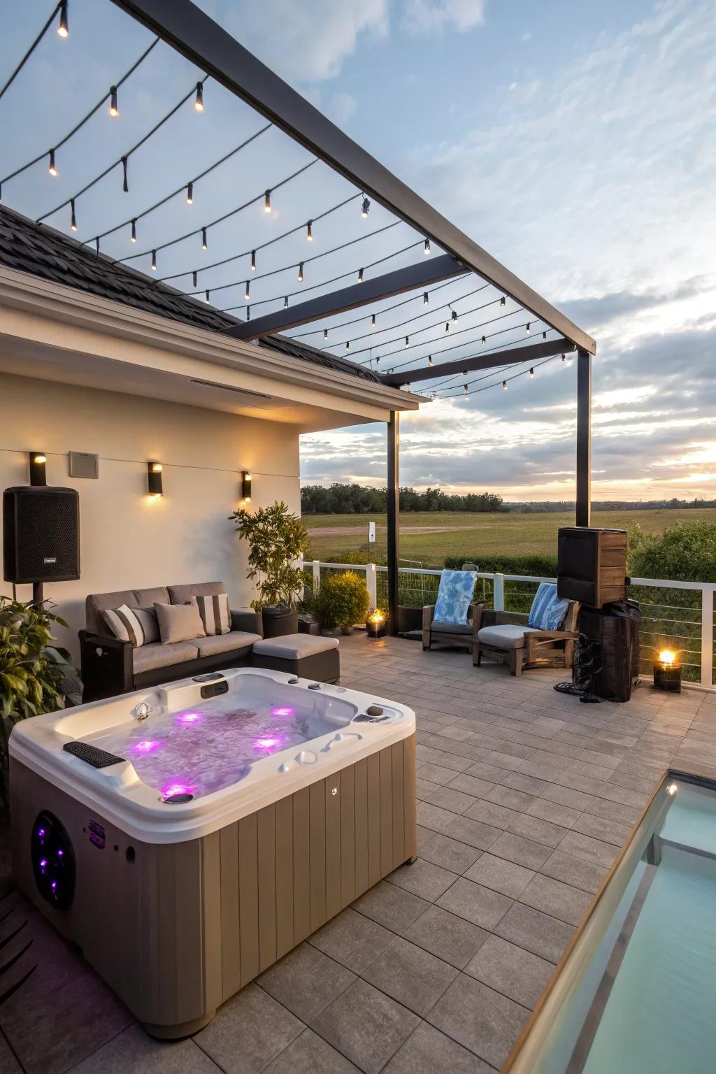 Outdoor speakers enrich the hot tub experience with music.