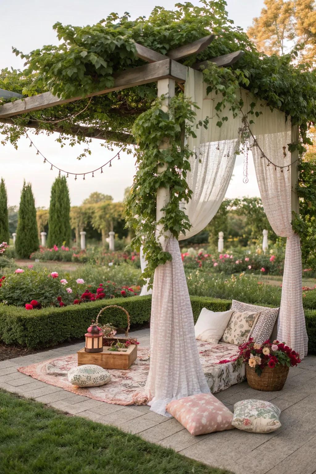 A pergola transforms into a luxurious picnic setting.