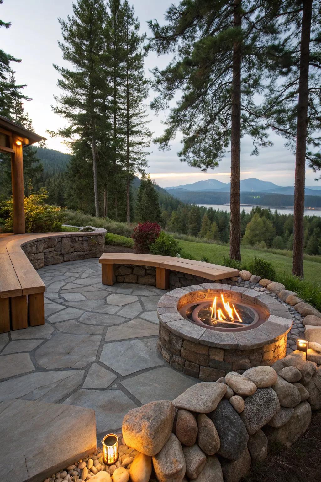 Stone and wood create a harmonious fire pit design.