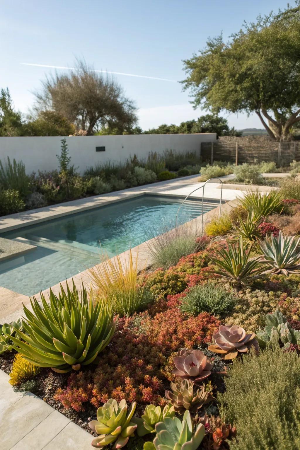 An eco-friendly pool area with drought-tolerant landscaping.