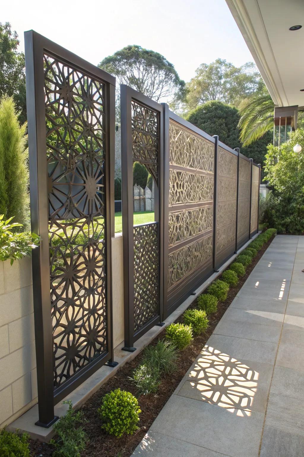 Custom metal screens combine artistry and privacy in modern gardens.