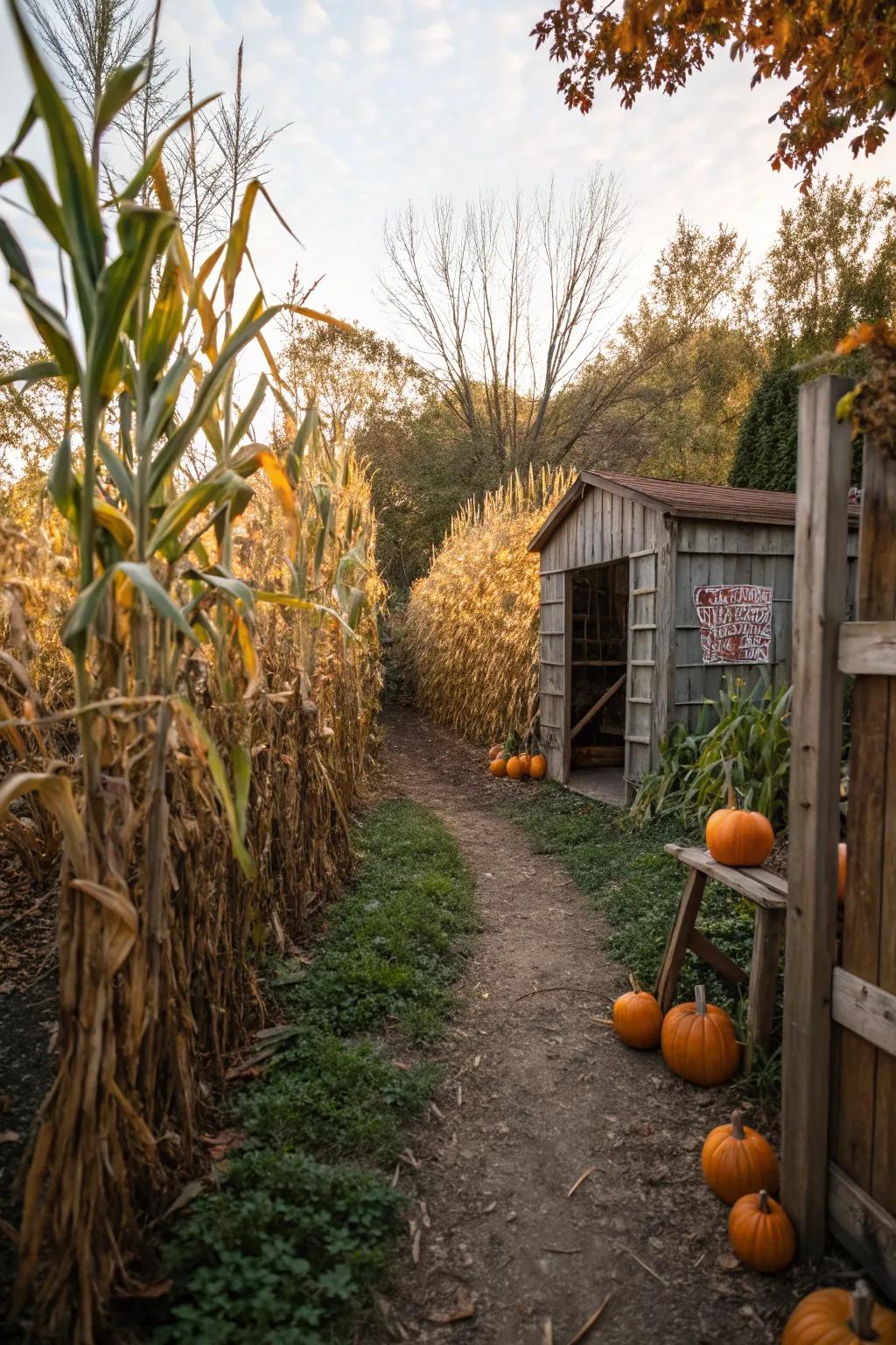 A mini corn maze adds an element of fun to your autumn display.