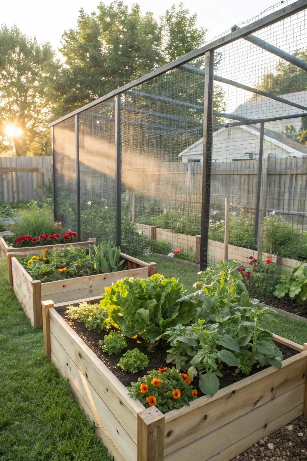 Enclosed beds protect plants from pests and harsh weather.