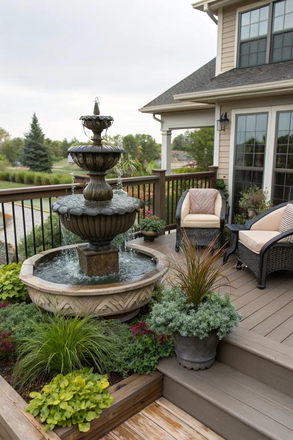 A water feature adds tranquility to your deck.