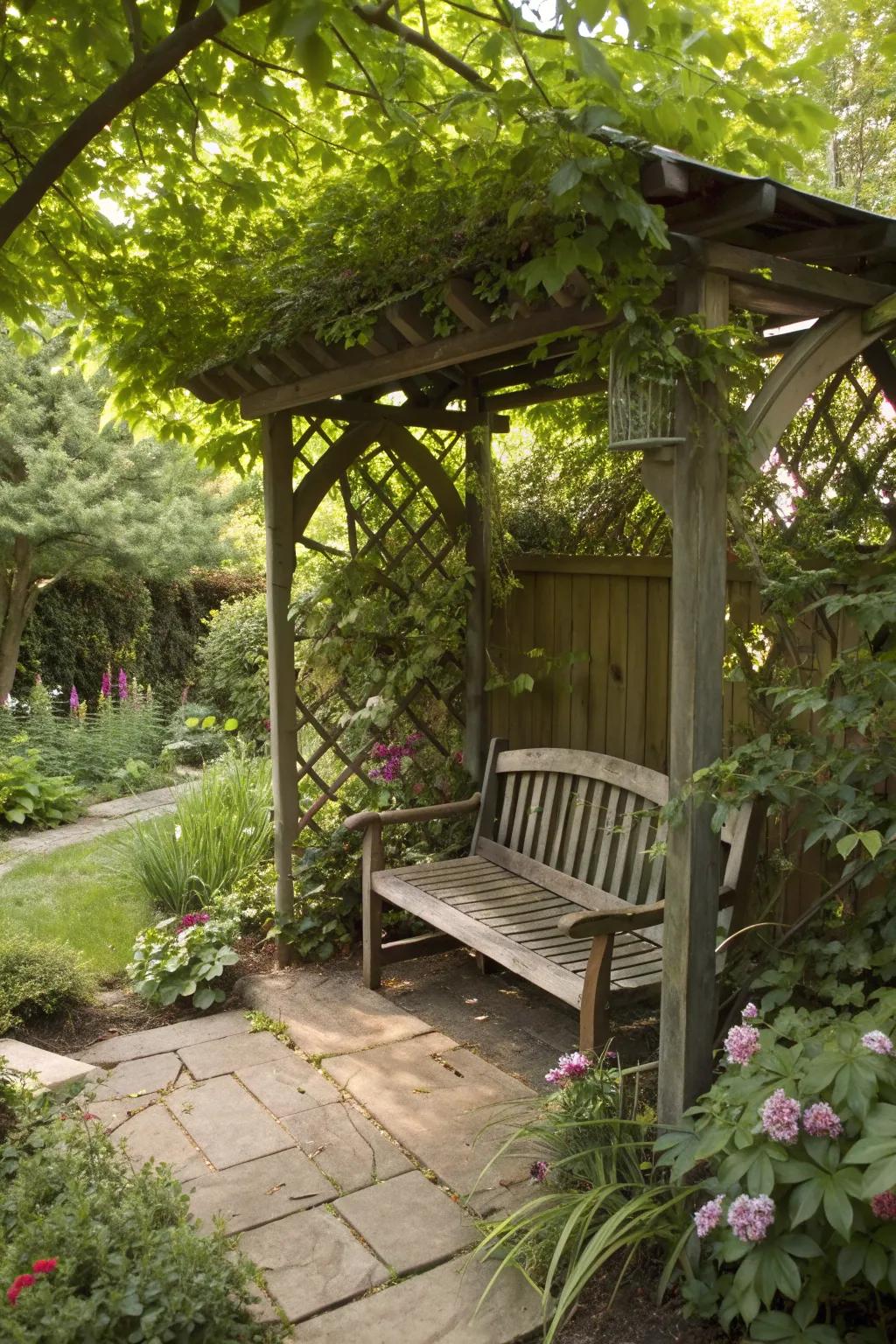 A bench with built-in shade creates a perfect quiet spot.