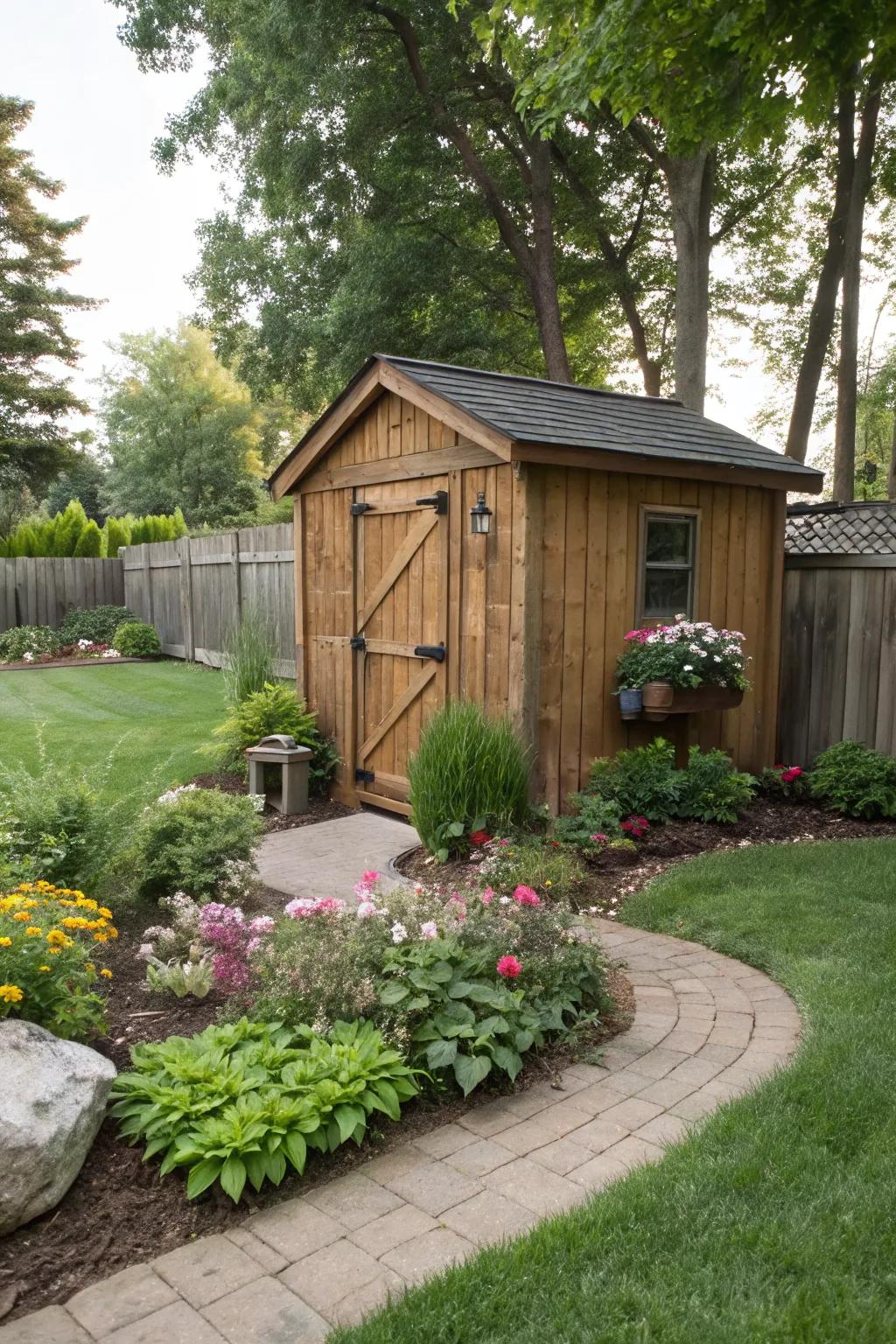 A shed perfectly nestled in a garden corner, maximizing space.