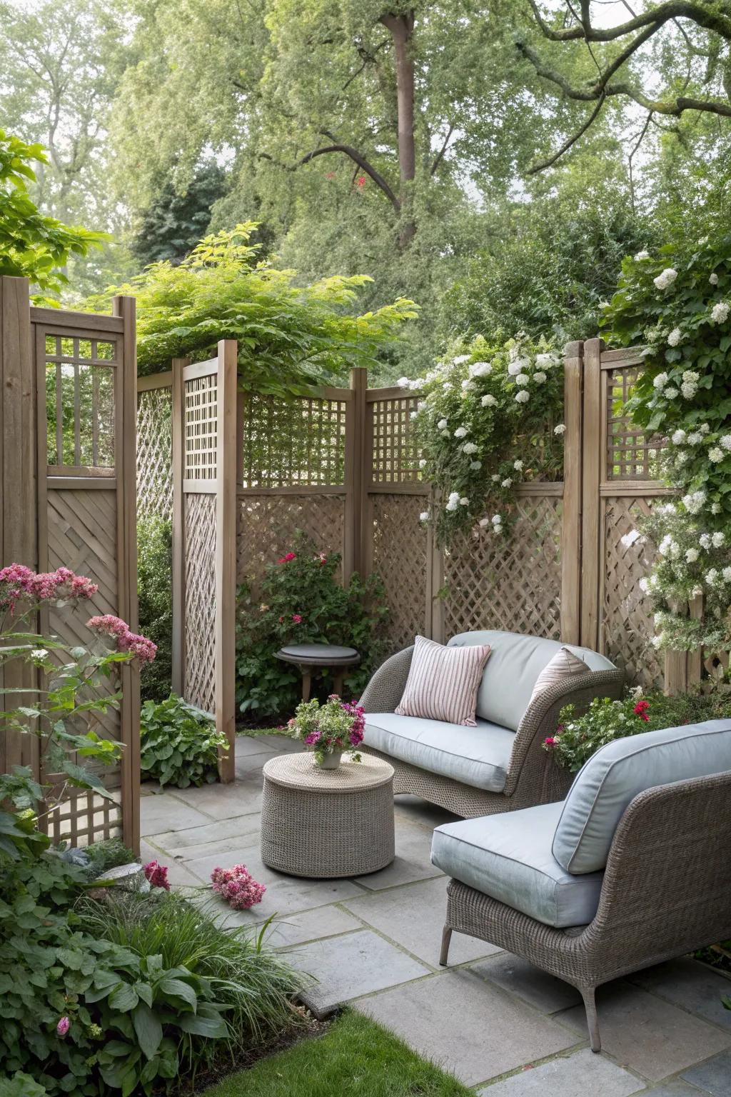 Privacy screens create a hidden retreat in your backyard.