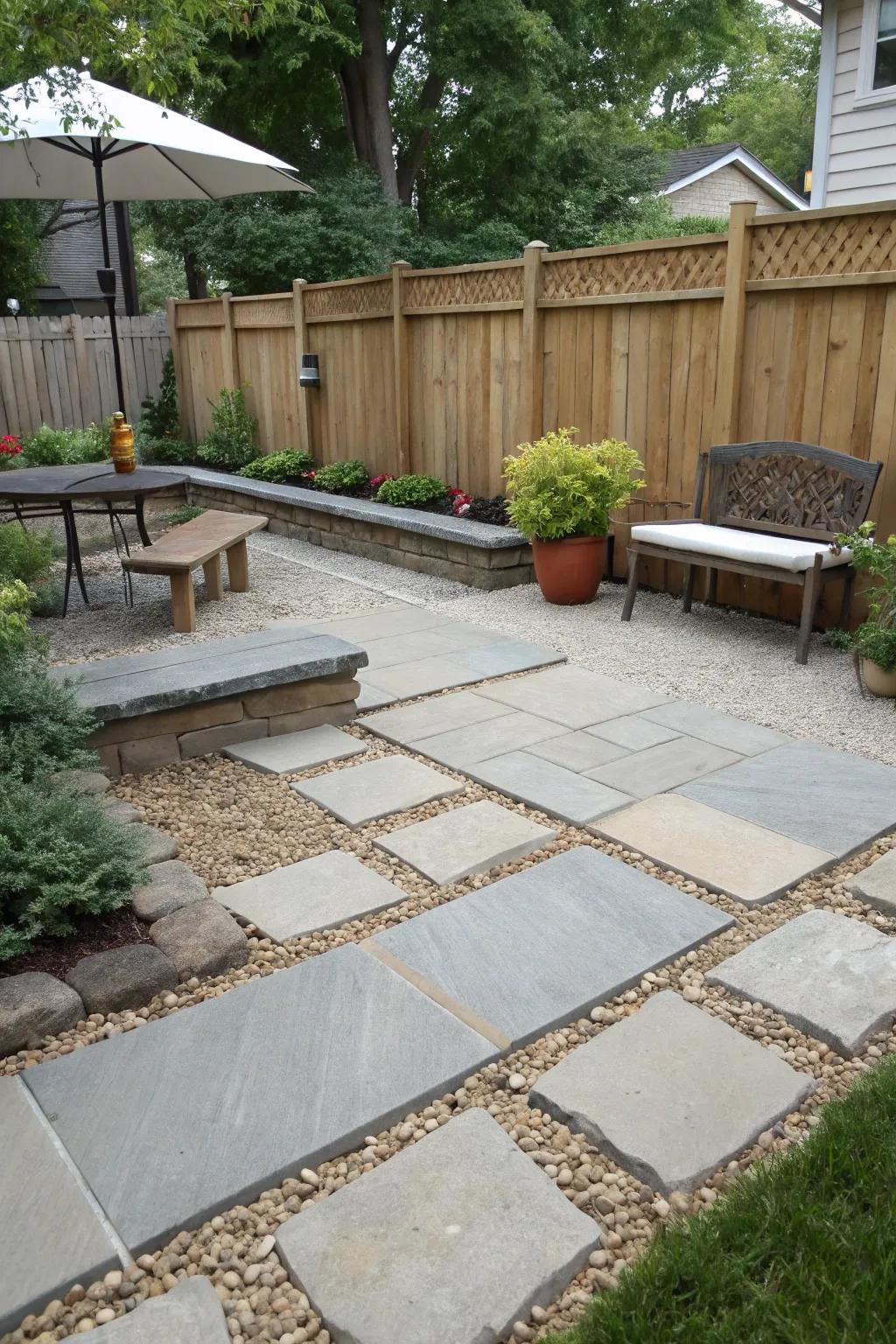 Pea gravel with slabs creates a laid-back yet stylish patio.