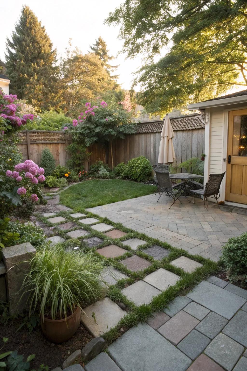 Combine pavers and grass for a fresh, textured patio look.