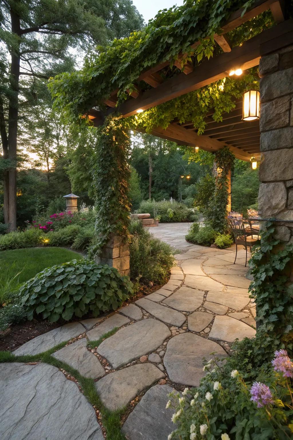 Biophilic design seamlessly blends nature with this stone patio.