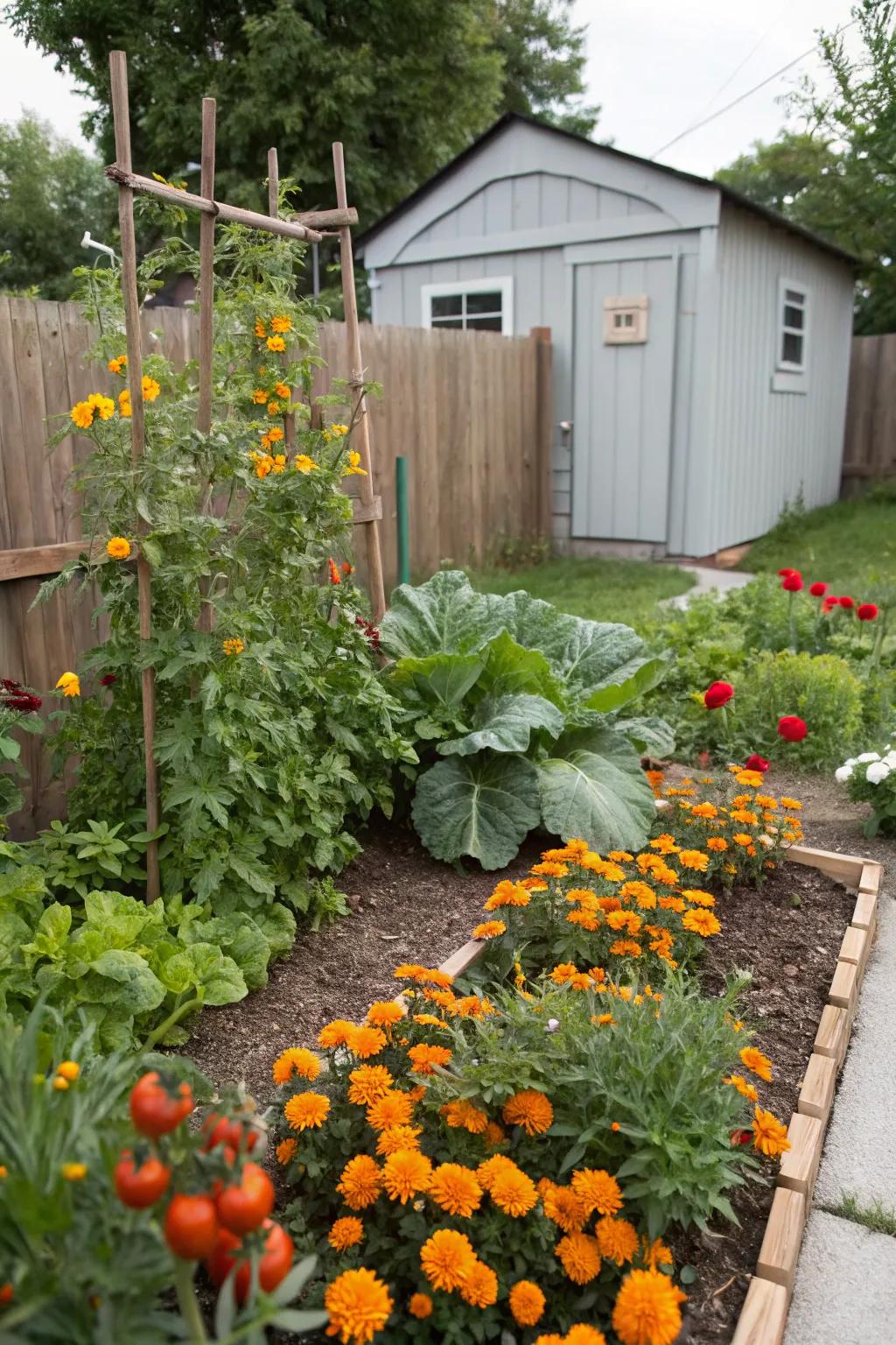 A colorful edible landscape, combining vegetables with decorative plants.