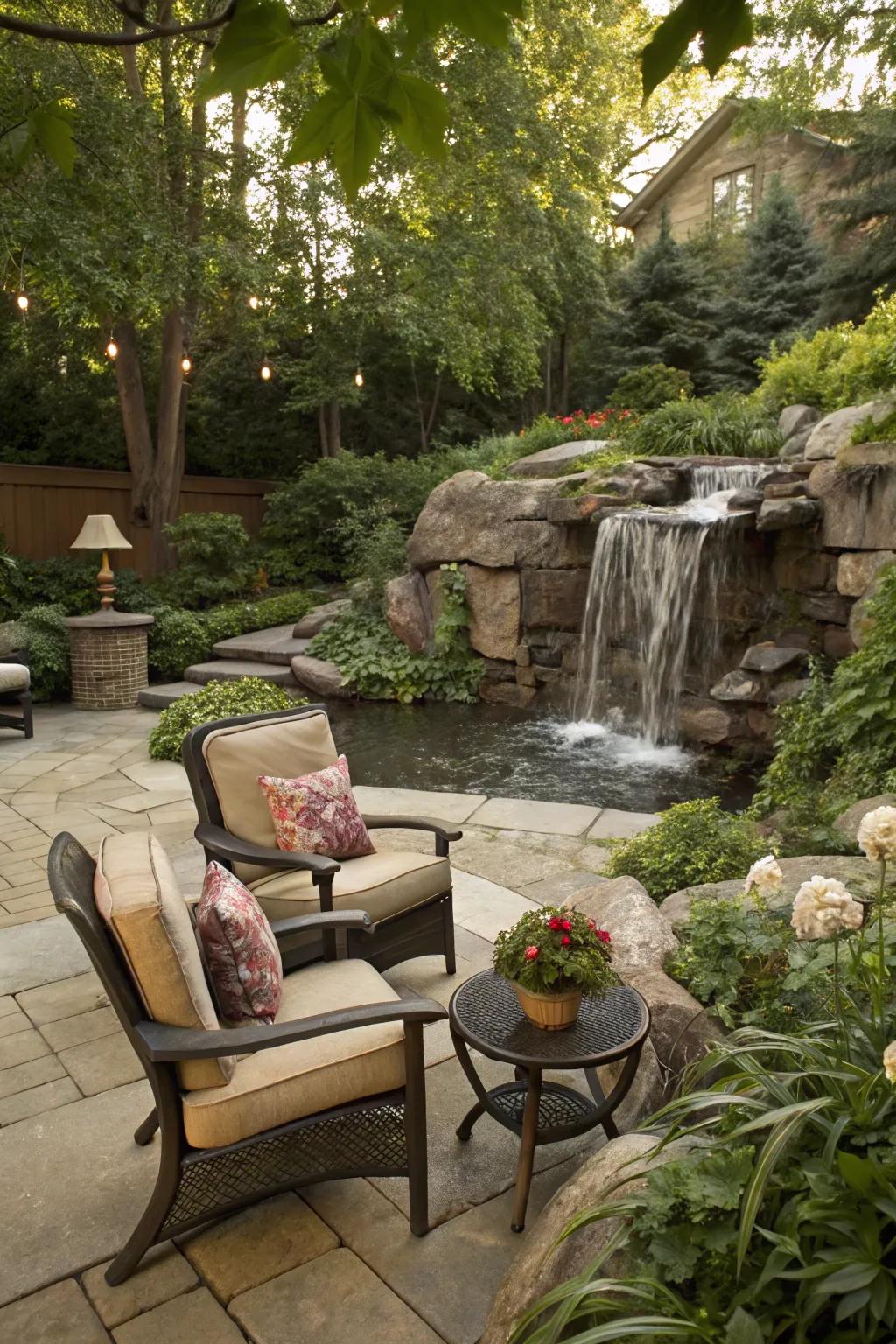 Seating by a waterfall offers a perfect spot for relaxation and reflection.